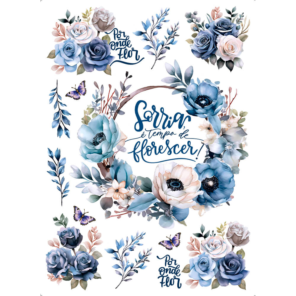Transfer Têxtil Litoarte 20x27,5cm TTR6L-006 Rosas em Tons Azulados