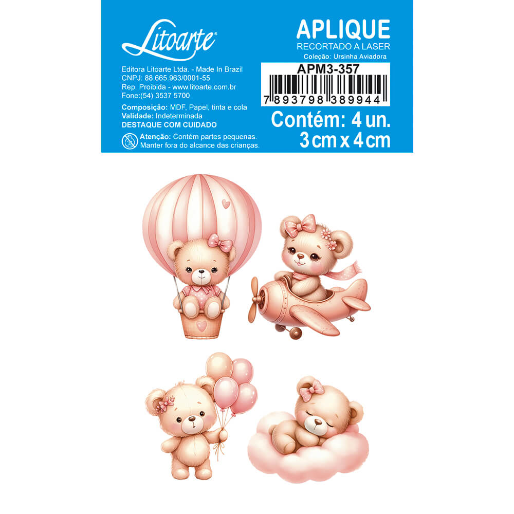 Aplique Litoarte APM3-357 Ursinha Aviadora