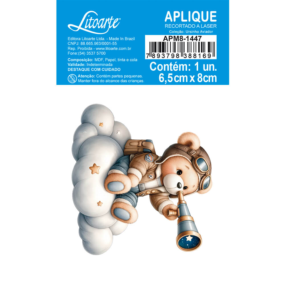 Aplique Litoarte APM8-1447 8cm Ursinho Aviador