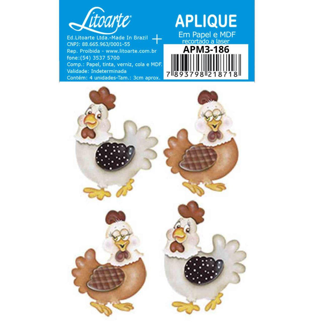 Aplique Litoarte APM3-186 3cm Galinhas Marrom e Branca 4 peças - Palácio da Arte