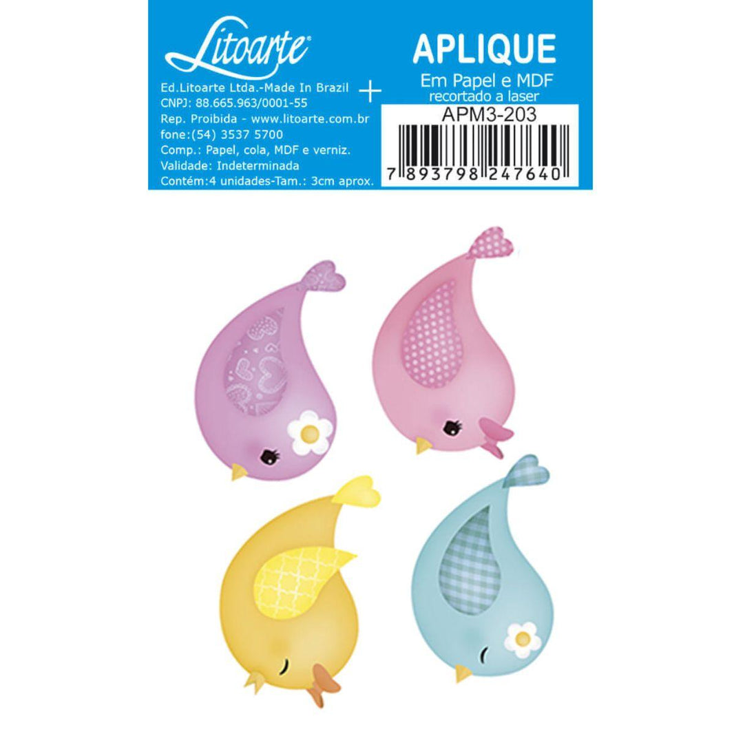 Aplique Litoarte APM3-203 3cm Passarinhos Coloridos 4 peças - Palácio da Arte