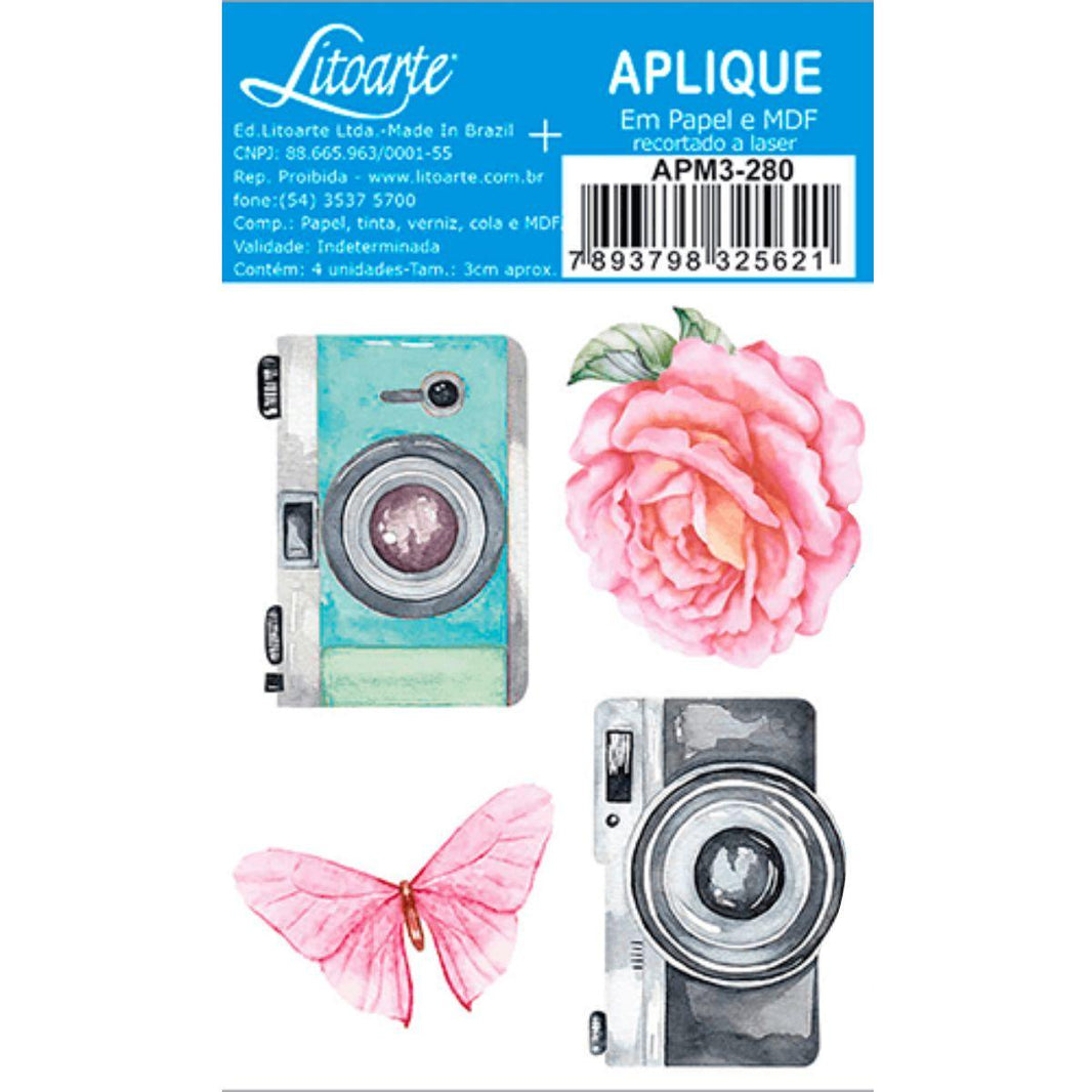 Aplique Litoarte APM3-280 3cm Bons Momentos Camêras, Flor e Borboletas 4 peças - Palácio da Arte