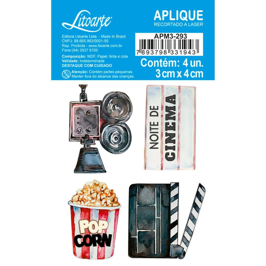 Aplique Litoarte APM3-293 3cm Cinema Aquelera Câmera e Pipoca 4 peças - Palácio da Arte