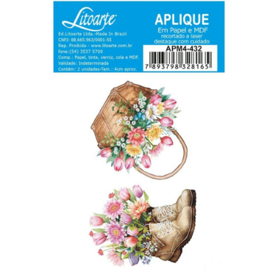 Aplique Litoarte APM4-432 4cm Encanto Bota e Cesta de Flores 2peças - Palácio da Arte