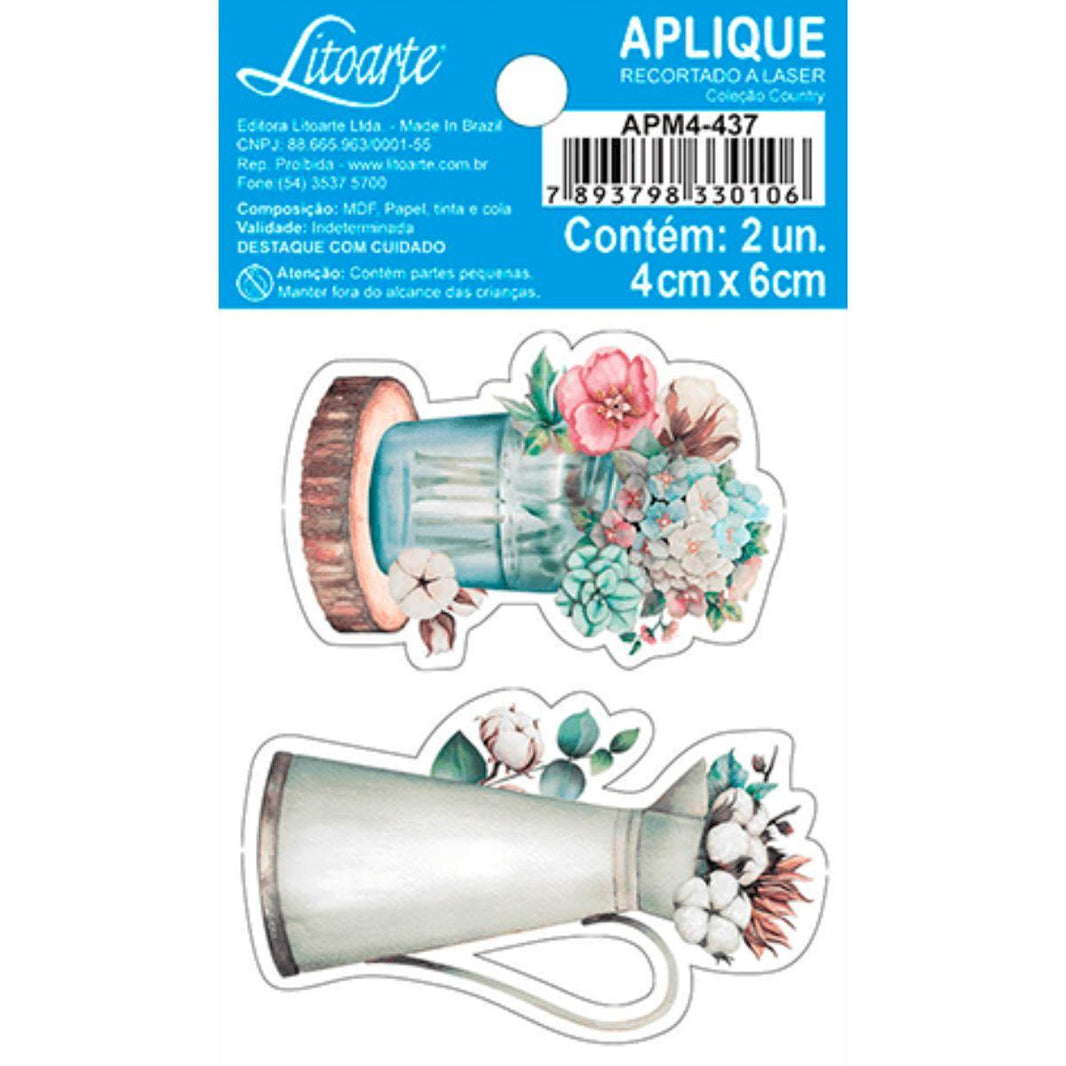 Aplique Litoarte APM4-437 4cm Country Vasos e Flores 2 peças - Palácio da Arte