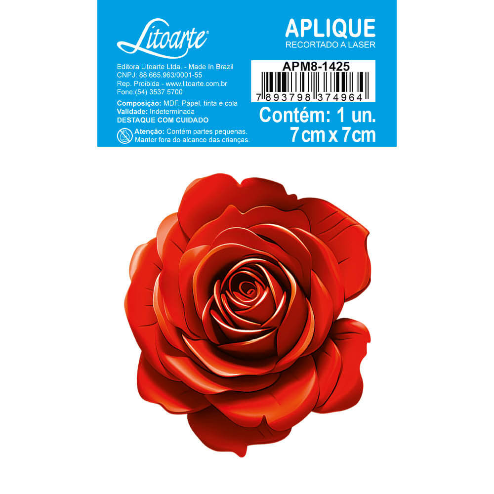 Aplique Litoarte APM8-1425 8cm Rosa Vermelha Floral 3D - Palácio da Arte