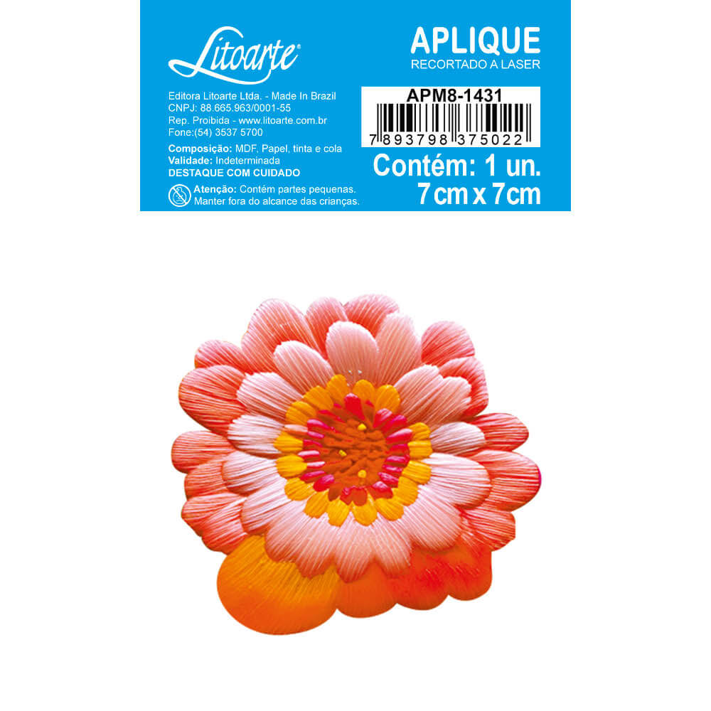 Aplique Litoarte APM8-1431 8cm Zínia Laranja e Rosa Bordada Floral 3D - Palácio da Arte