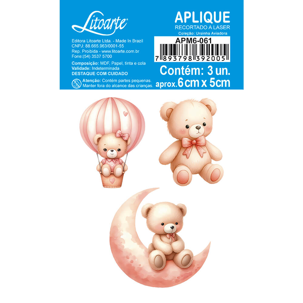 Aplique Litoarte APM6-061 6cm Ursinha Aviadora