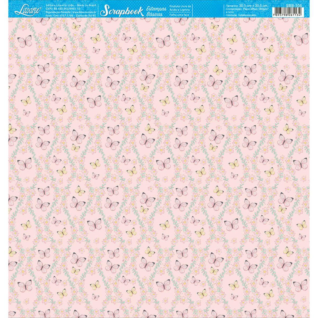 Papel Scrapbook Litoarte SBB-105 Borboletas 30,5x30,5cm - Palácio da Arte