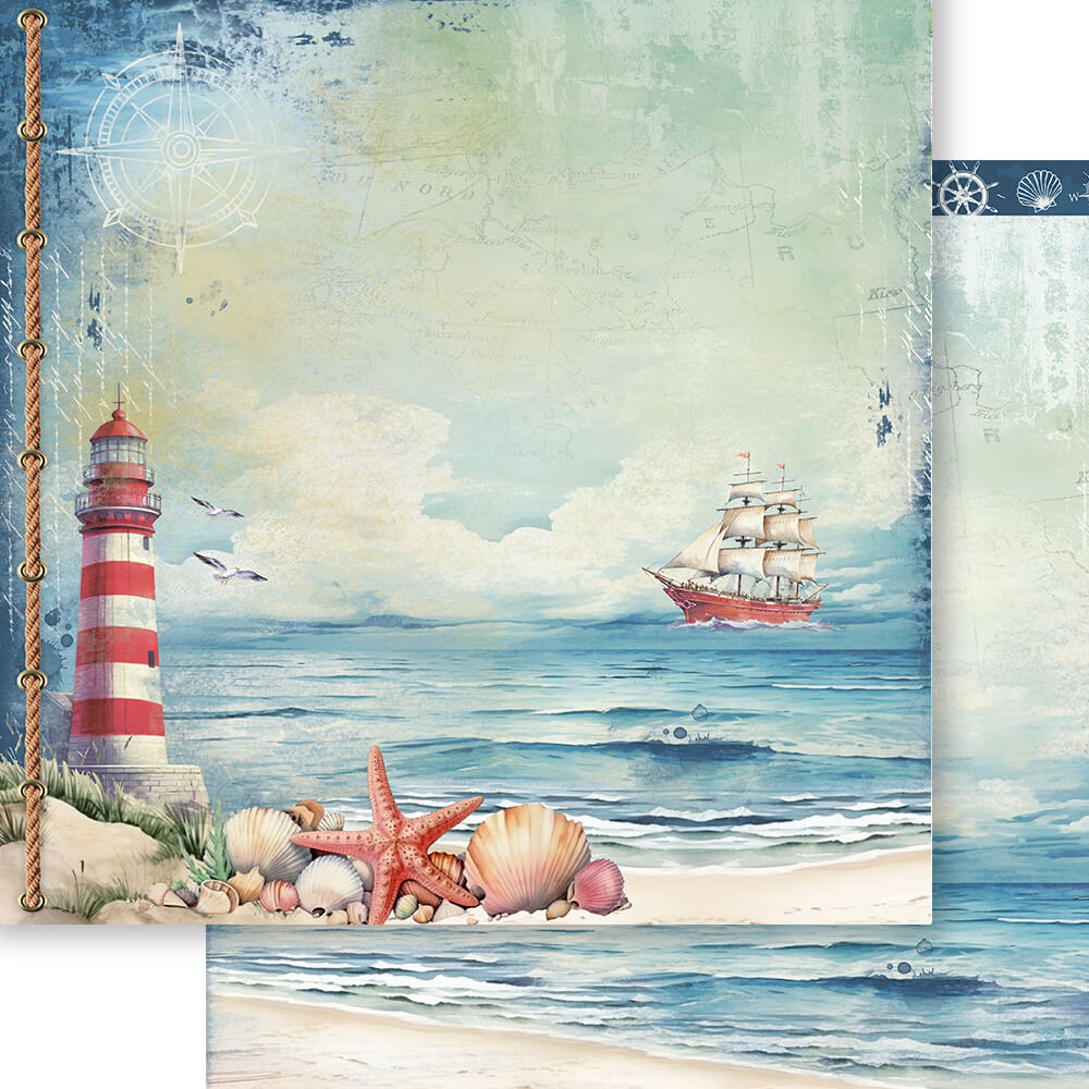 Papel Scrapbook Litoarte SD-1331 Mar Doce Lar Farol, Praia e Barco 30,5x30,5cm - Palácio da Arte