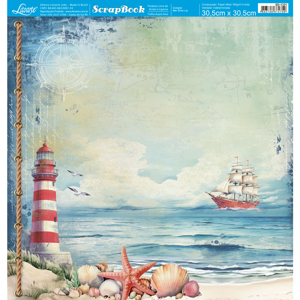 Papel Scrapbook Litoarte SD-1331 Mar Doce Lar Farol, Praia e Barco 30,5x30,5cm - Palácio da Arte