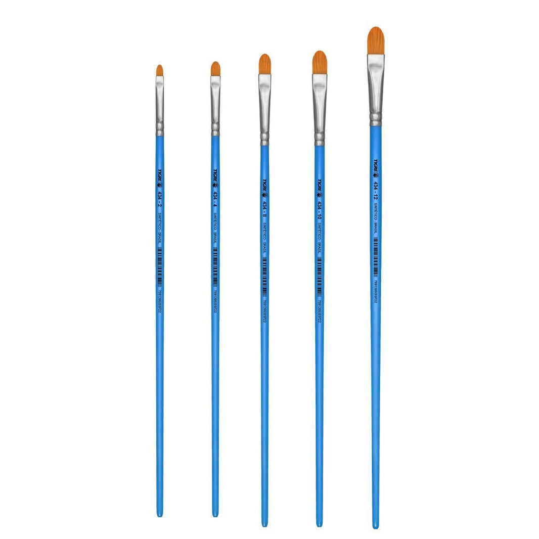 Pincel Filbert Língua de Gato 434 Tigre Cerda Sintético Dourado Cabo Longo Azul Perolizado - Palácio da Arte
