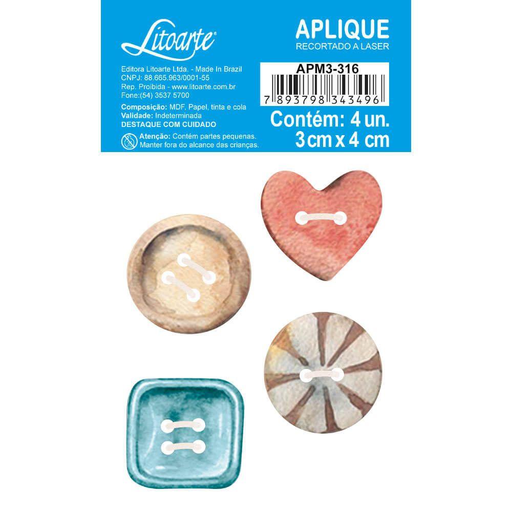 Aplique Litoarte APM3-316 3cm Costura Vintage Botões 4 peças - Palácio da Arte