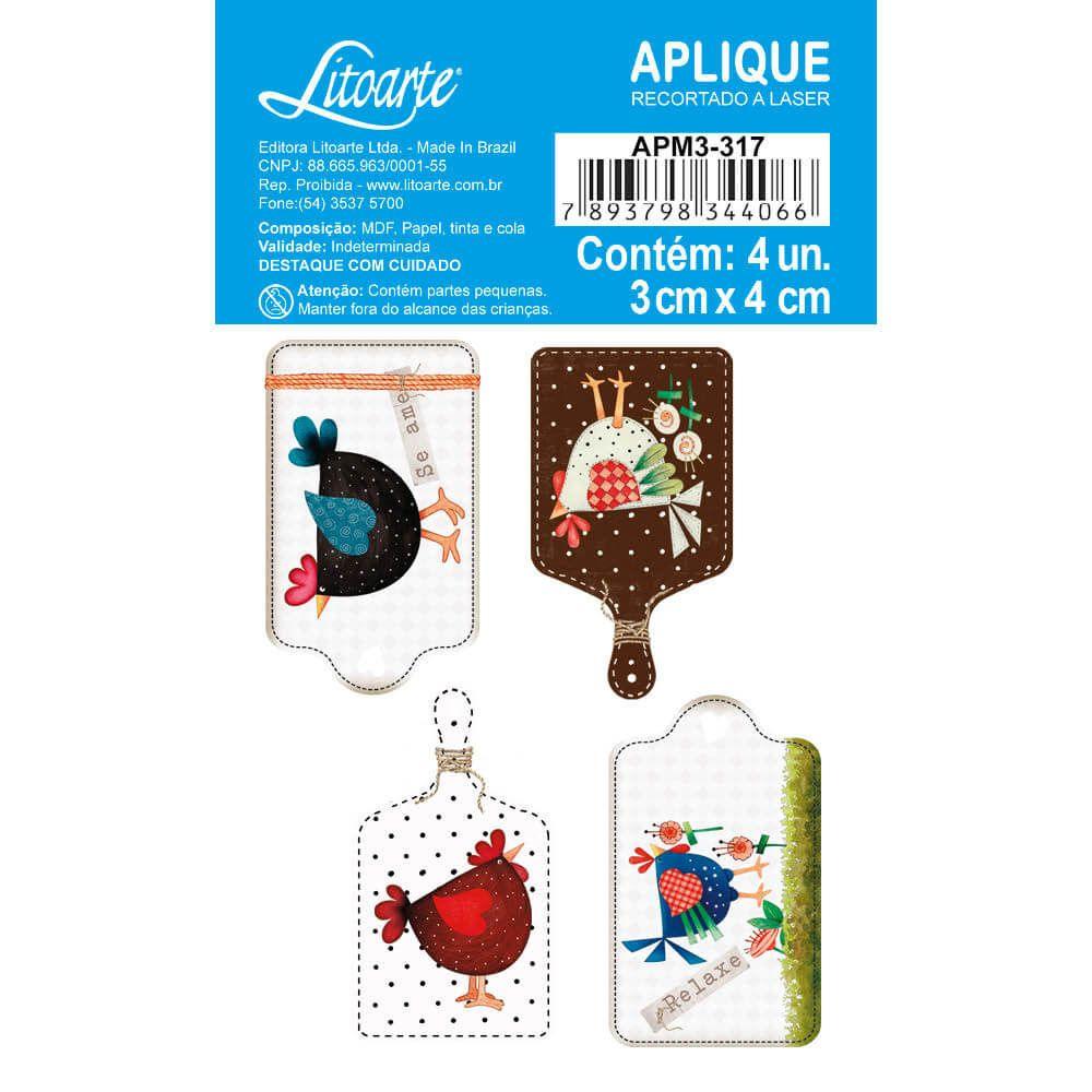 Aplique Litoarte APM3-317 3cm Galinhas Country Tábuas 4 peças - Palácio da Arte