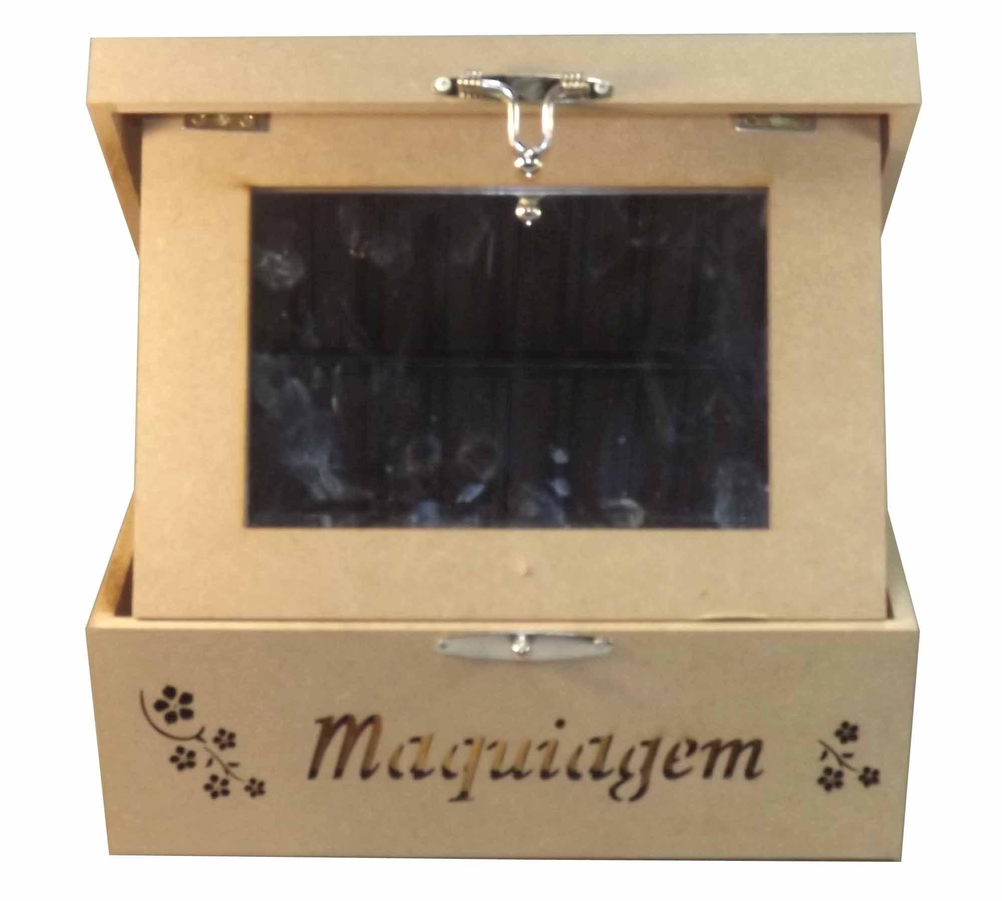 Caixa em MDF Maquiagem Flores com Espelho e Divisão 25x20x11cm - Palácio da Arte