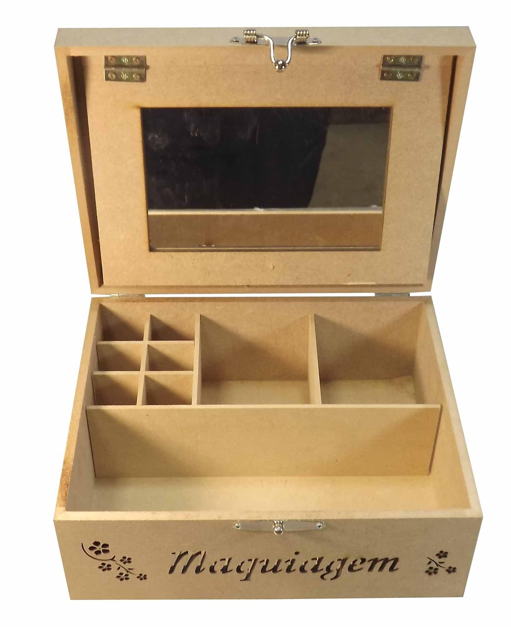 Caixa em MDF Maquiagem Flores com Espelho e Divisão 25x20x11cm - Palácio da Arte