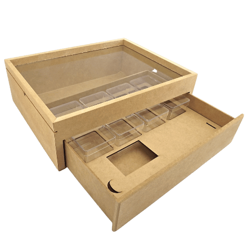 Caixa Gin em MDF com Gaveta e Vidro 8 Potes 10x26x32cm - Palácio da Arte