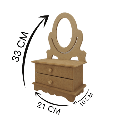 Penteadeira Mini em MDF 33x21x10cm com 2 Gavetas e Espelho Oval - Palácio da Arte