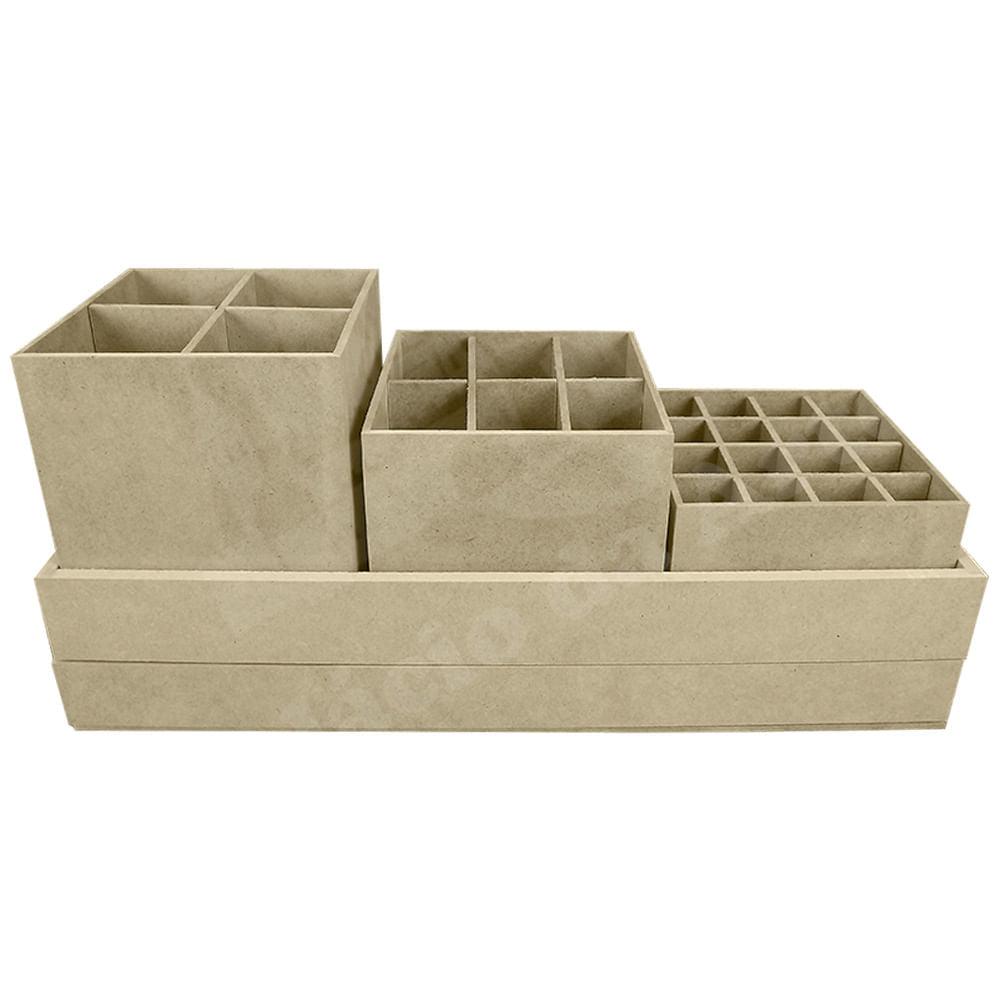 Porta Maquiagem Trio de Potes em MDF com Gaveta 35,2x13,2x15,7cm - Palácio da Arte