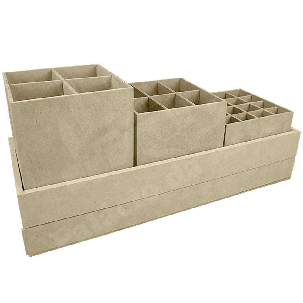 Porta Maquiagem Trio de Potes em MDF com Gaveta 35,2x13,2x15,7cm - Palácio da Arte