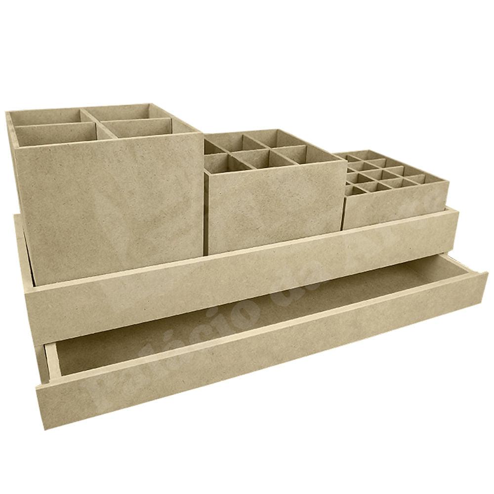Porta Maquiagem Trio de Potes em MDF com Gaveta 35,2x13,2x15,7cm - Palácio da Arte