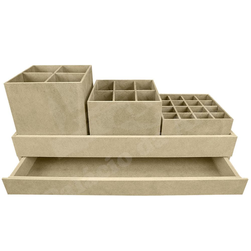 Porta Maquiagem Trio de Potes em MDF com Gaveta 35,2x13,2x15,7cm - Palácio da Arte