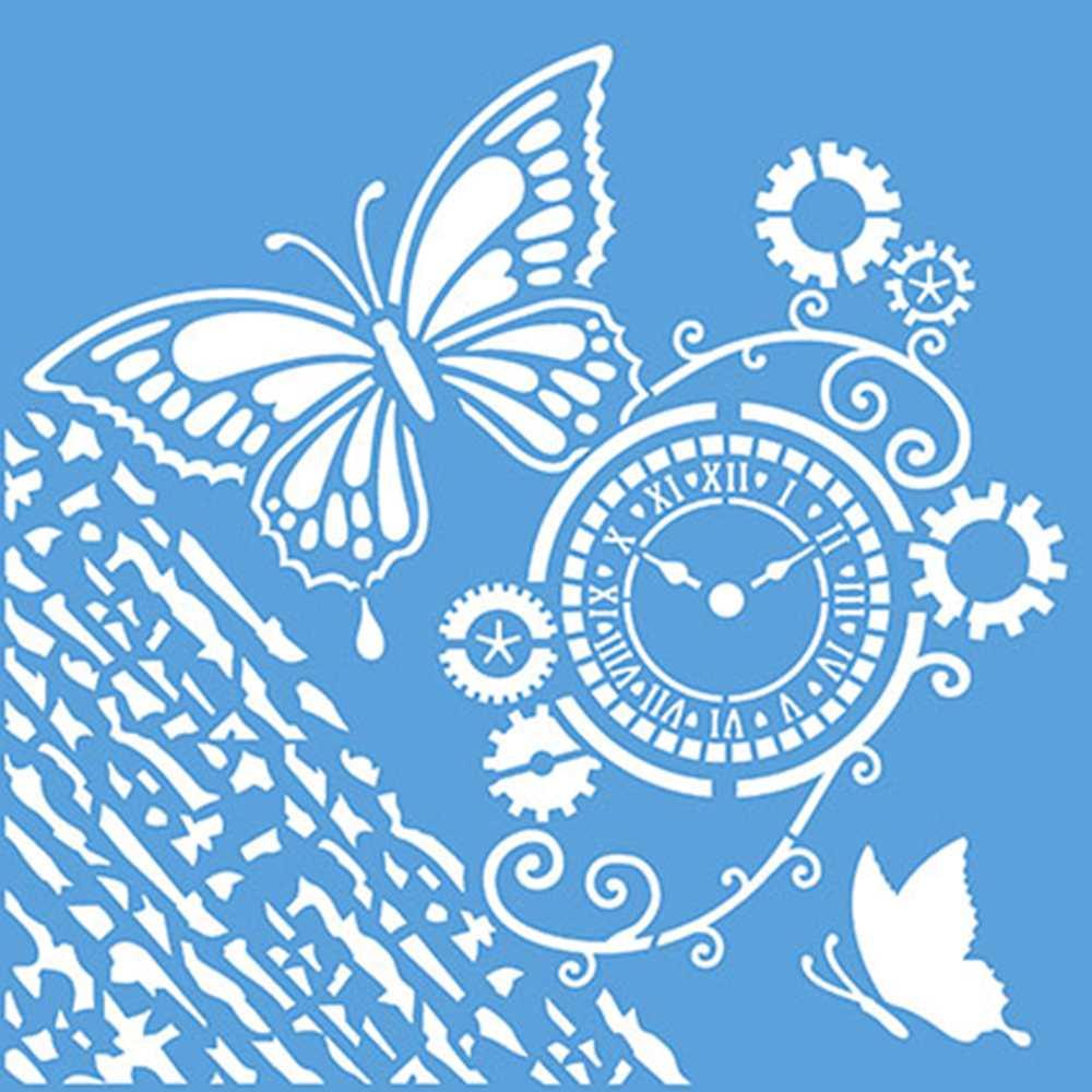 Stencil Litoarte 20x20 STXX-009 Borboleta e Relógio - Palácio da Arte
