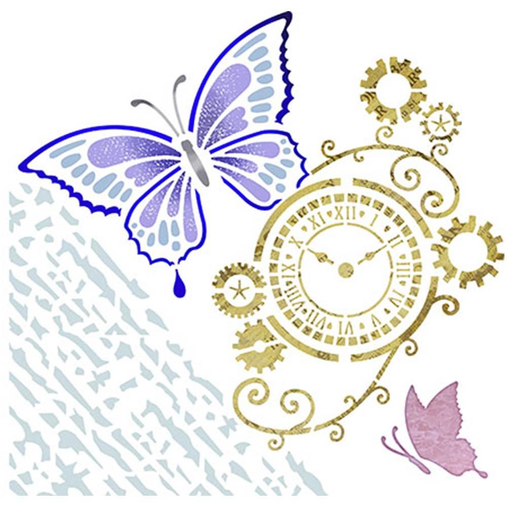 Stencil Litoarte 20x20 STXX-009 Borboleta e Relógio - Palácio da Arte