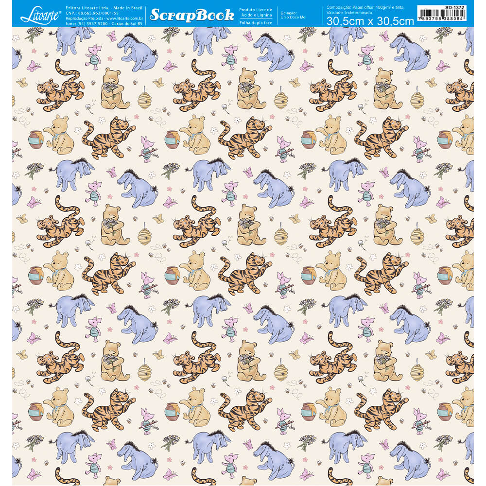 Papel Scrapbook Litoarte SD-1372 Urso Doce Mel 30,5x30,5cm
