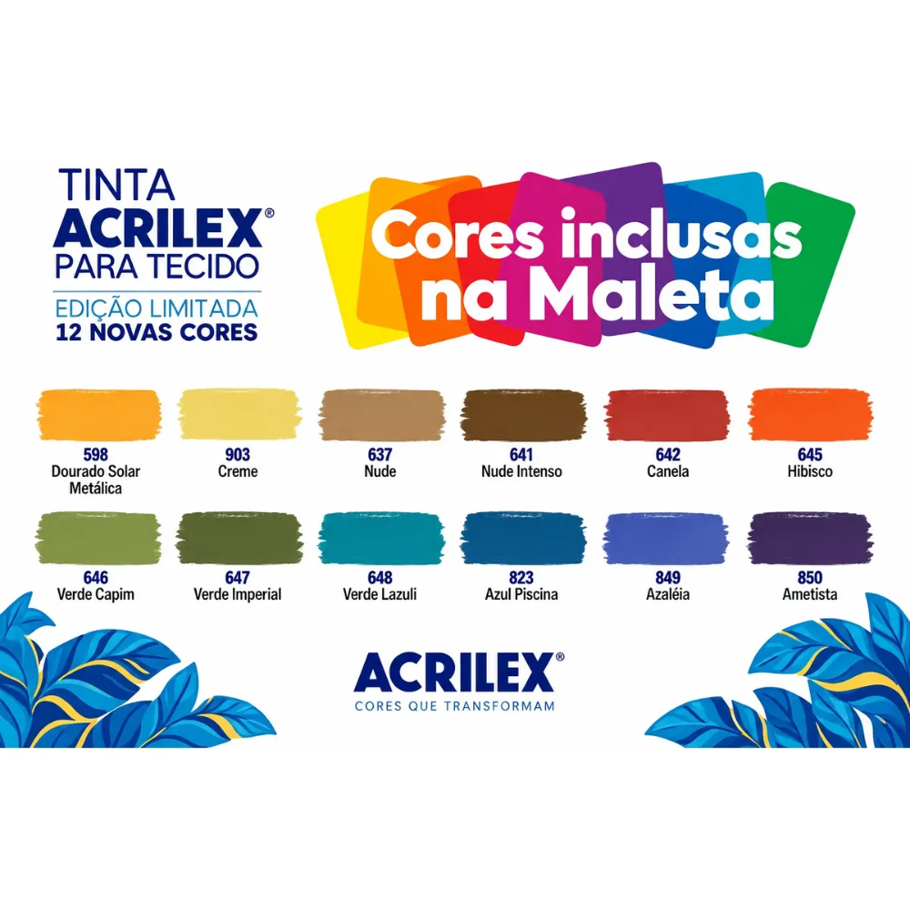 Kit Tinta para Tecido Fosca Acrilex 37ml Maleta 12 cores Edição Limitada