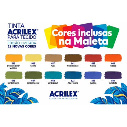 Kit Tinta para Tecido Fosca Acrilex 37ml Maleta 12 cores Edição Limitada