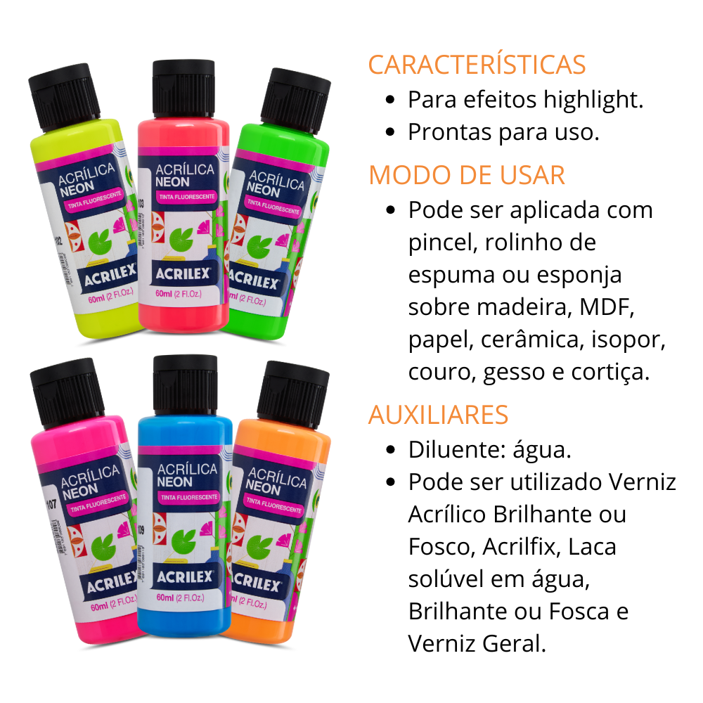 Kit 6 Tintas Acrílica Neon Fluorescente Acrilex 60ml Nature Colors