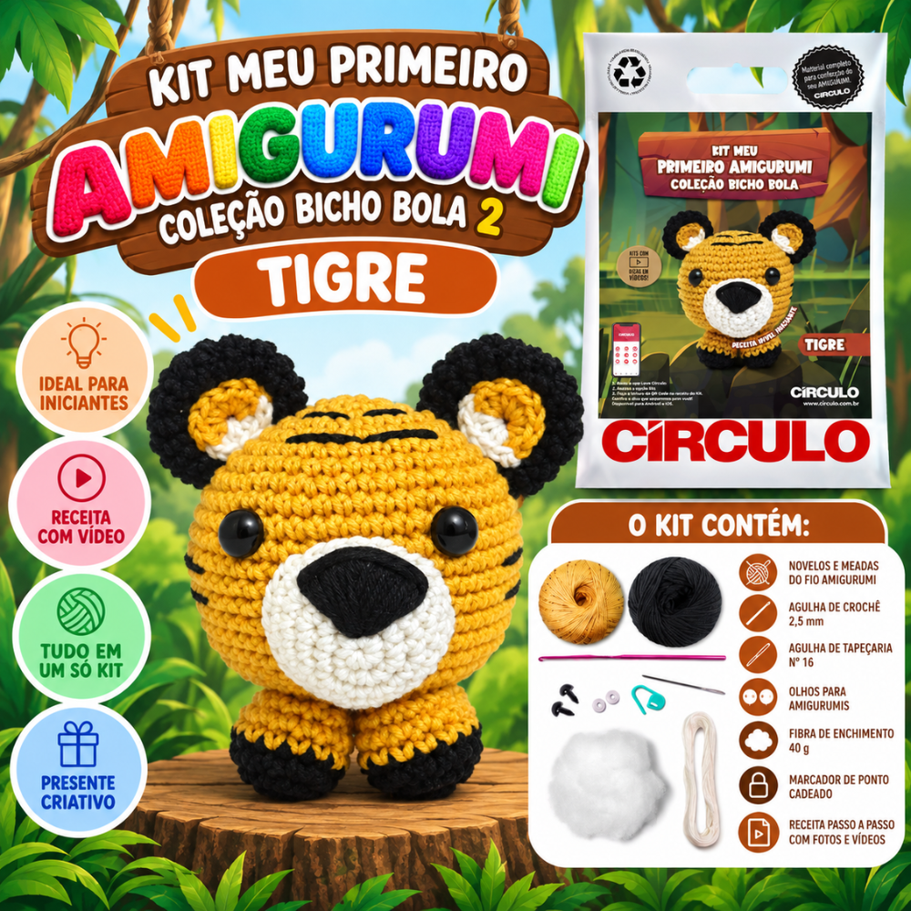 Kit Meu Primeiro Amigurumi Bicho Bola Cor 11 Tigre