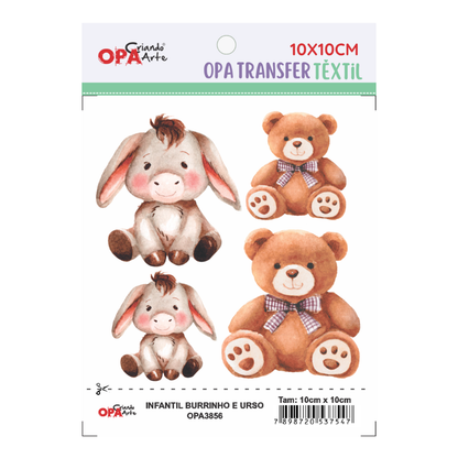 Transfer Têxtil 10x10cm  Opa 3856 Infantil Burrinho e Urso