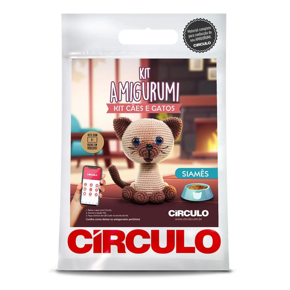 Kit Amigurumi Cães e Gatos Círculo Cor 5 Gato Siamês