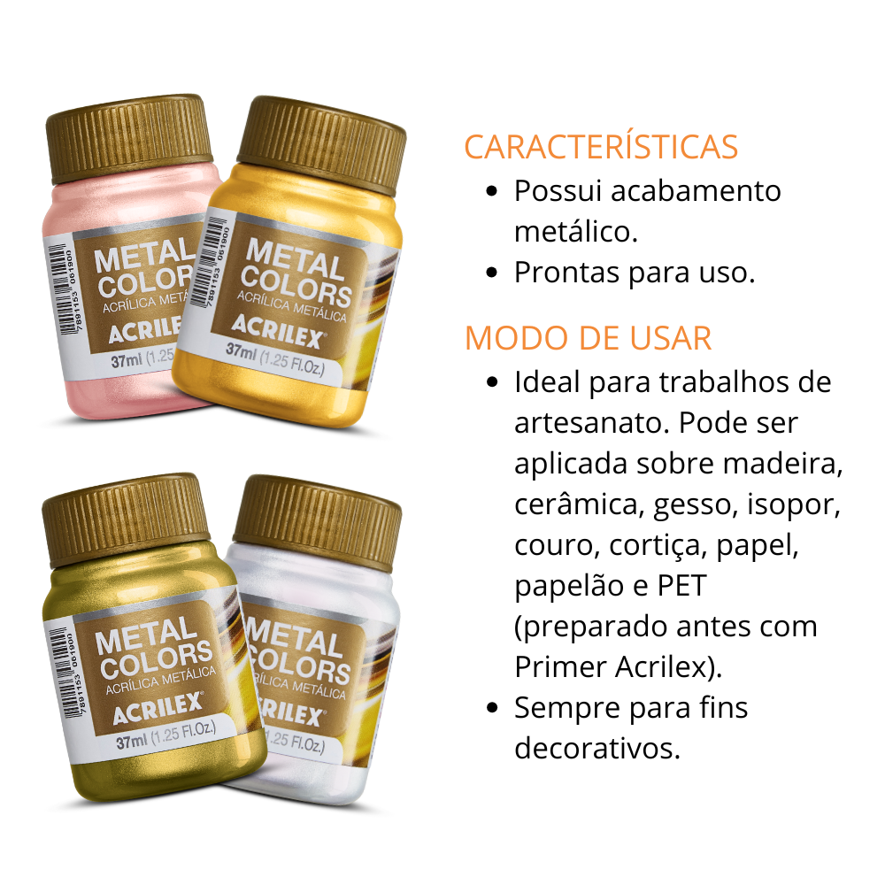 Kit 6 Tintas Acrílica Metálica Acrilex 37ml Metal Colors