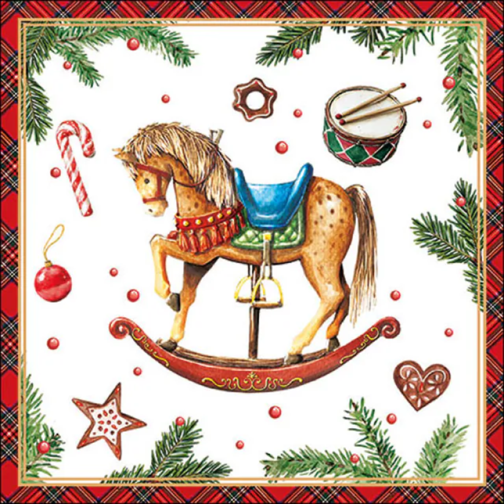 Guardanapo de Papel Decoupage 33x33 33320040 Natal Classic Rocking Horse White