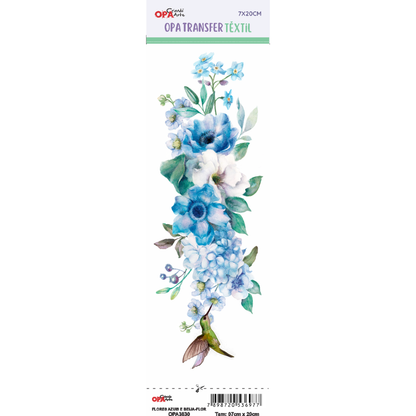 Transfer Têxtil 7x20cm  Opa 3830 Flores Azuis e Beija Flor