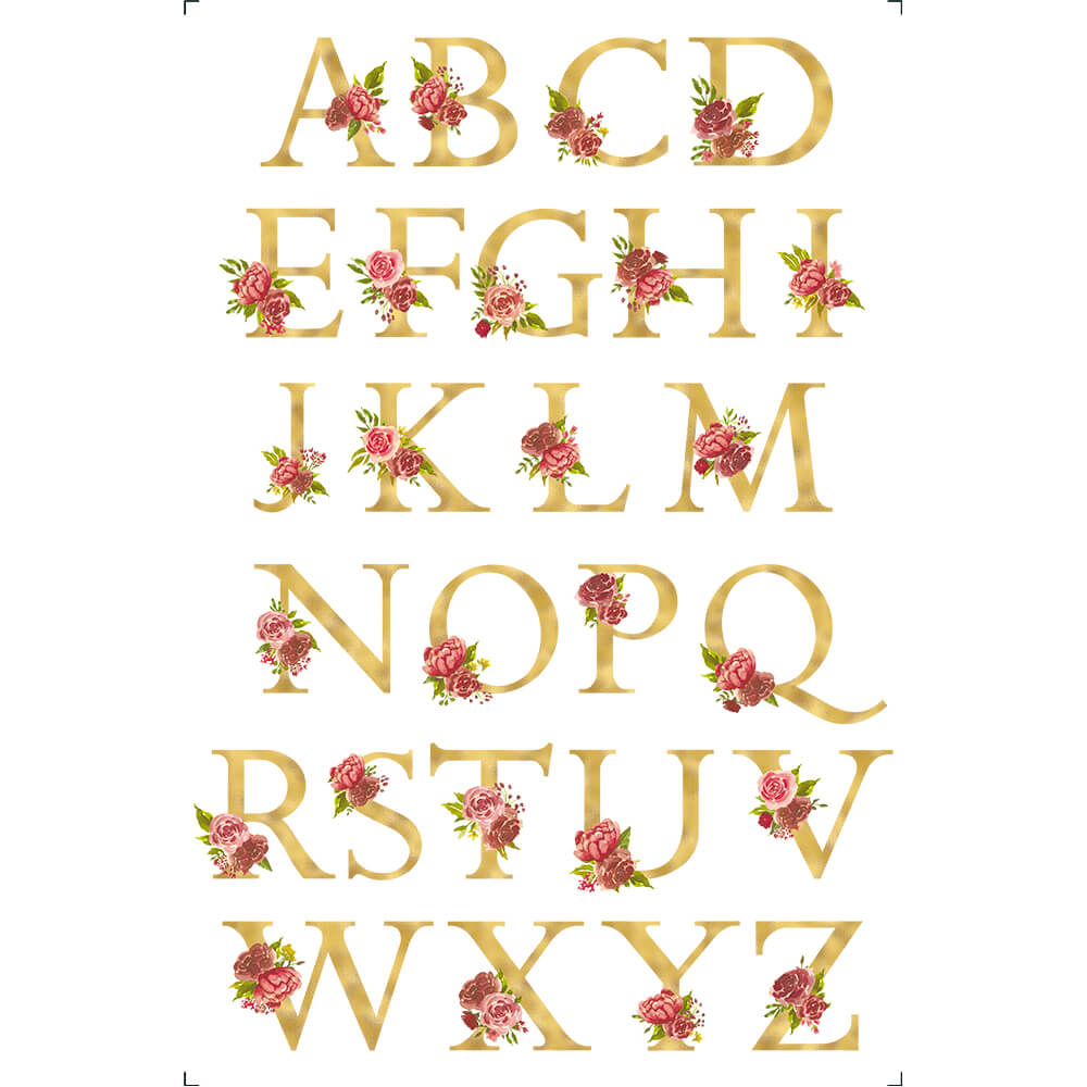 Transfer Litoarte 19,5x29,5 TIB-045 Alfabeto Maiúsculo Dourado com Flores