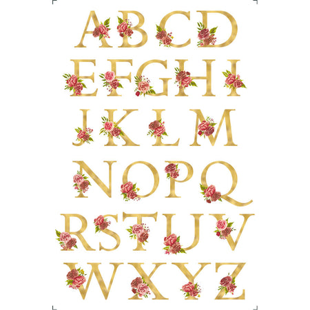 Transfer Litoarte 19,5x29,5 TIB-045 Alfabeto Maiúsculo Dourado com Flores