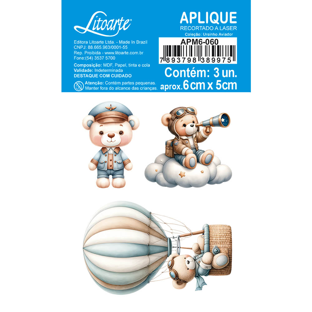 Aplique Litoarte APM6-060 6cm Ursinho Aviador