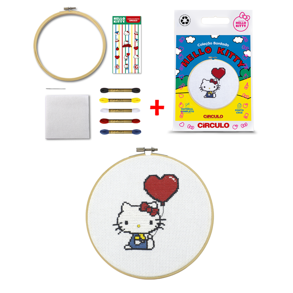 Kit Bordado Ponto Cruz Hello Kitty Círculo Cor 02 Coração