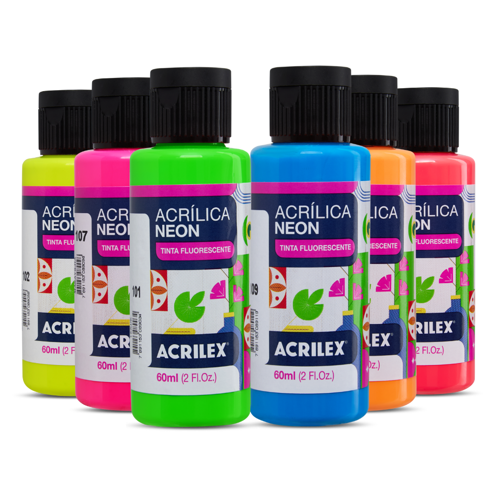 Kit 6 Tintas Acrílica Neon Fluorescente Acrilex 60ml Nature Colors