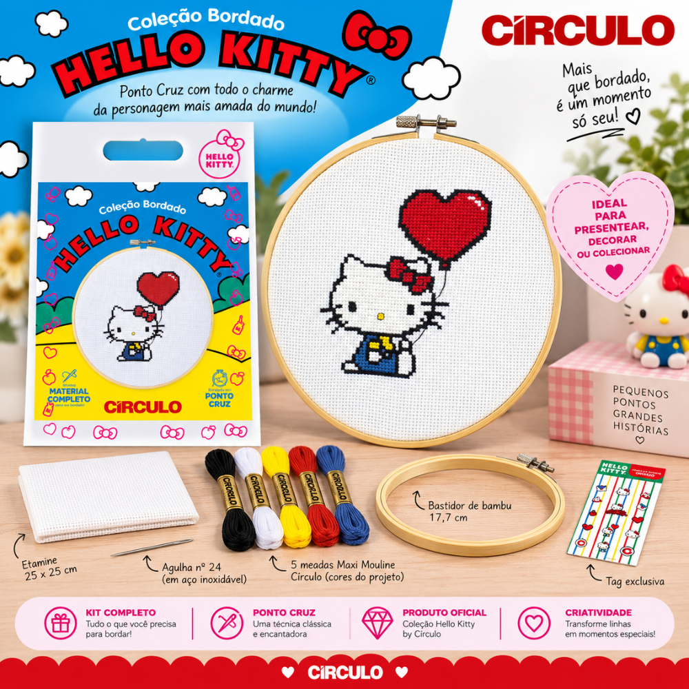 Kit Bordado Ponto Cruz Hello Kitty Círculo Cor 02 Coração