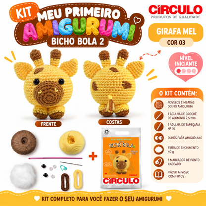 Kit Meu Primeiro Amigurumi Bicho Bola 2 Cor 03 Girafa Mel