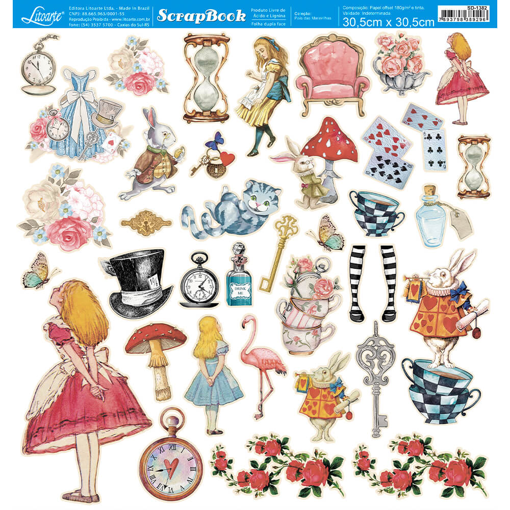 Papel Scrapbook Litoarte SD-1382 Alice País das Maravilhas 30,5x30,5cm