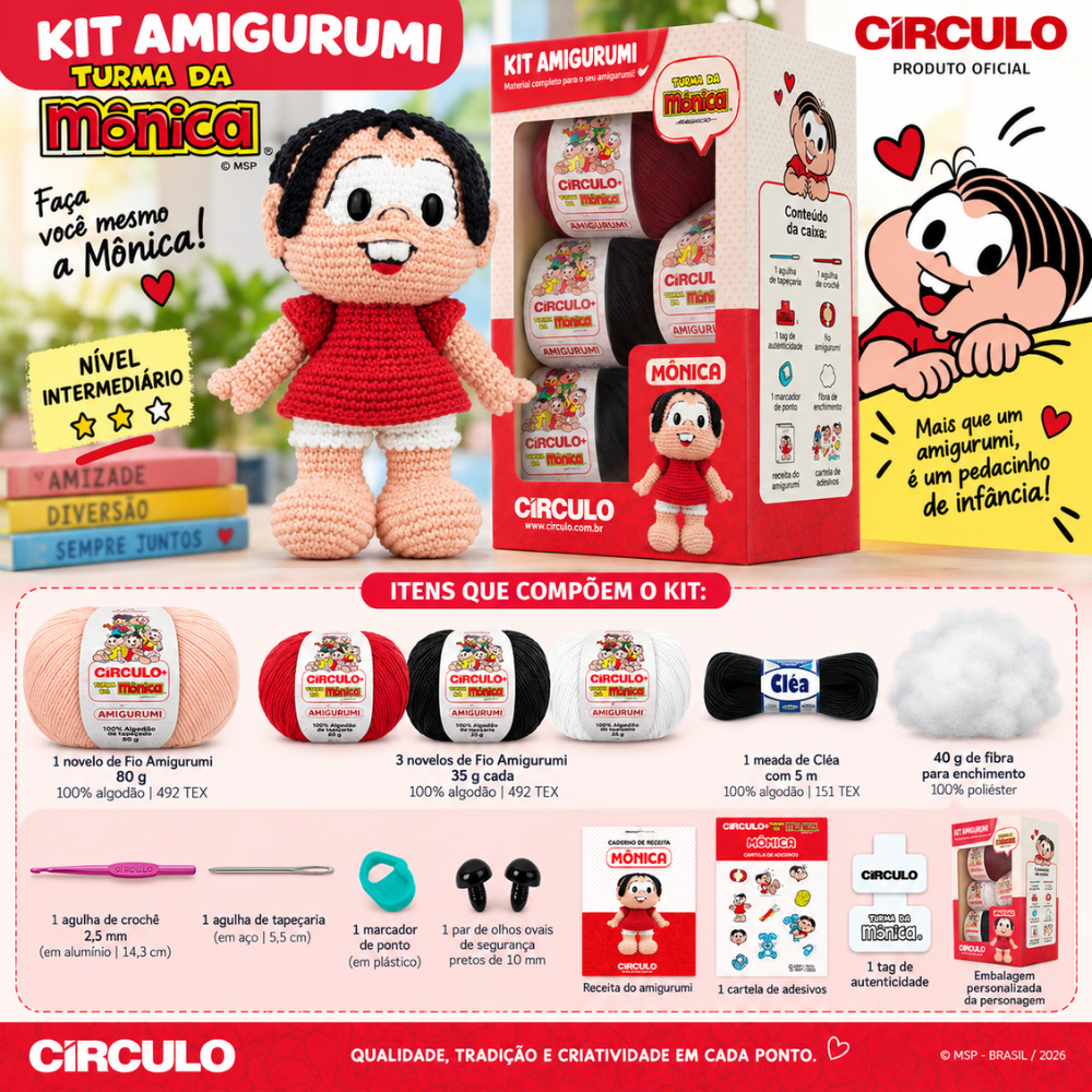 Kit Amigurumi Turma da Mônica Círculo Cor 01 Mônica