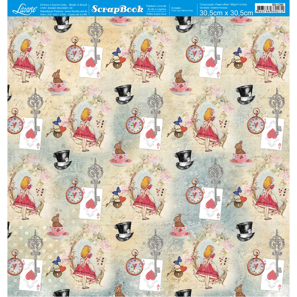 Papel Scrapbook Litoarte SD-1380 Alice País das Maravilhas 30,5x30,5cm