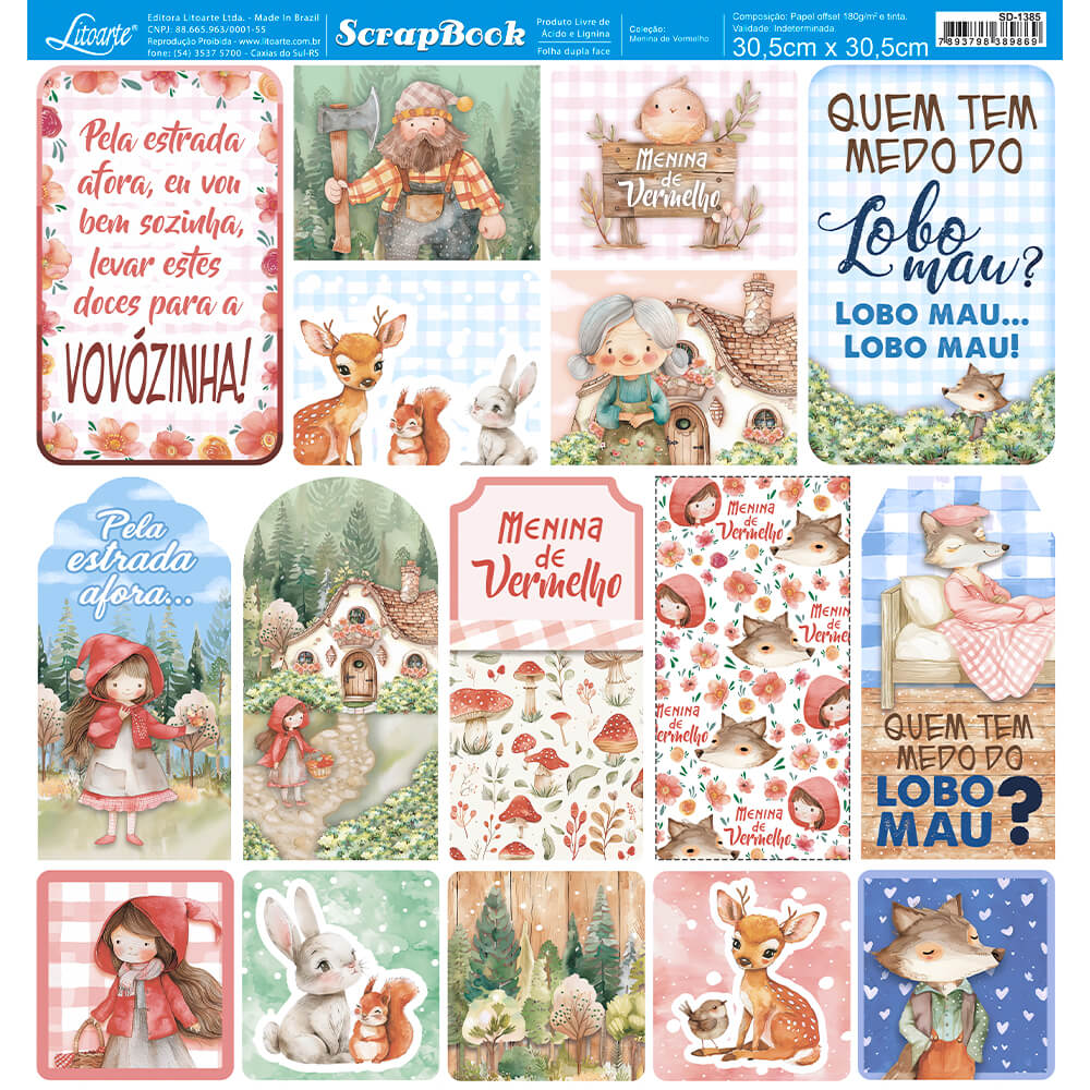 Papel Scrapbook Litoarte SD-1385 Menina de Vermelho 30,5x30,5cm