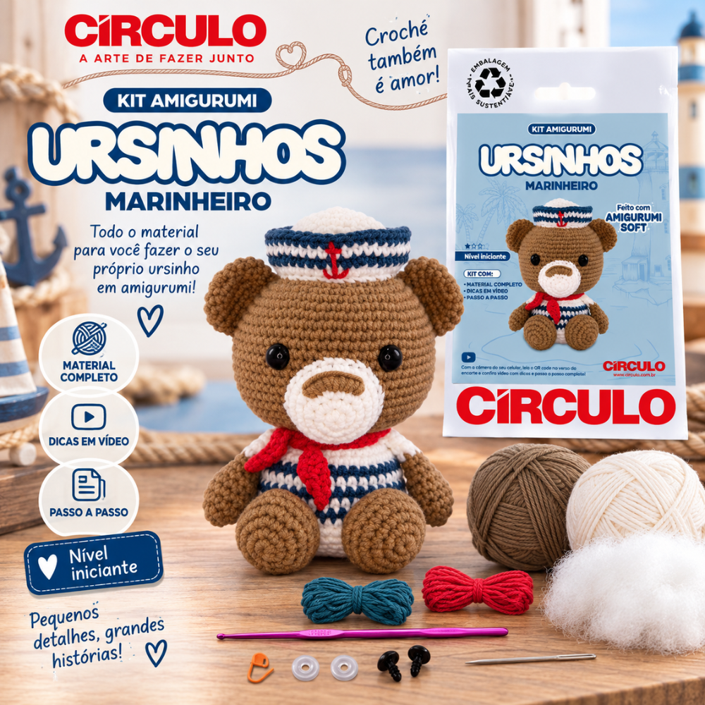 Kit Amigurumi Ursinhos Soft Círculo Cor 03 Marinheiro